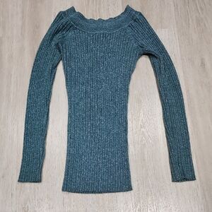 Ribbed Off-Shoulder Long Sleeve Sweater - Teal